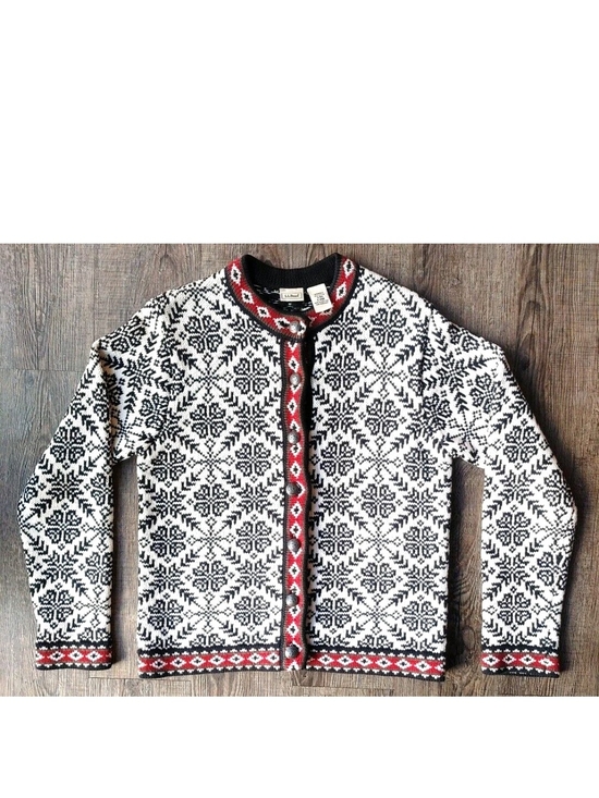 L.L. Bean Sweaters - Vtg LL Bean Cardigan Sweater Womens Small Nordic Fair Isle Snowflakes Cable Knit